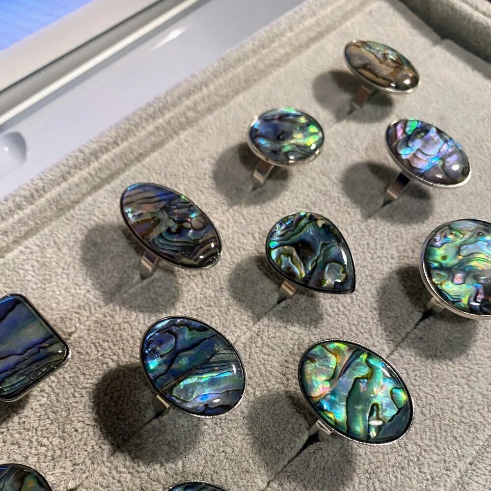 NEW Oversized Abalone Statement Ring Silver Boho Iridescent Beach Jewelry waterp
